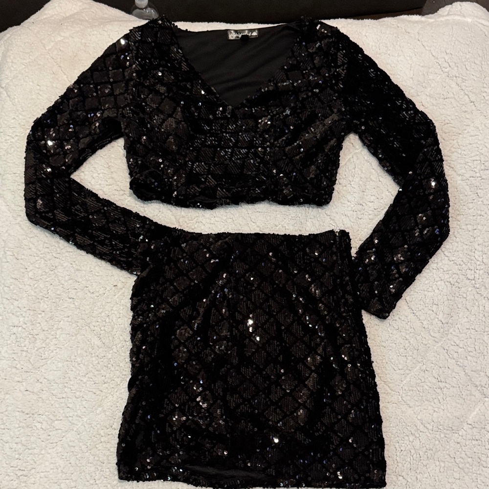Black Sequin Crop Top and Skirt Set